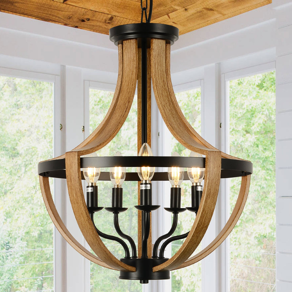 5-Light Modern Chandelier with Geometric Wooden Frame - Brown