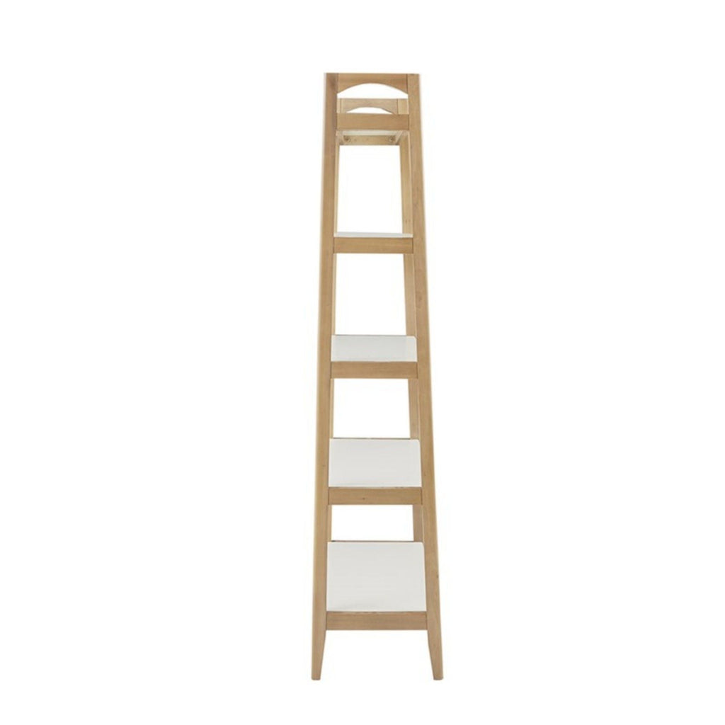 Off White & Natural Ladder Bookcase with 5 Shelves - Solid Wood Frame