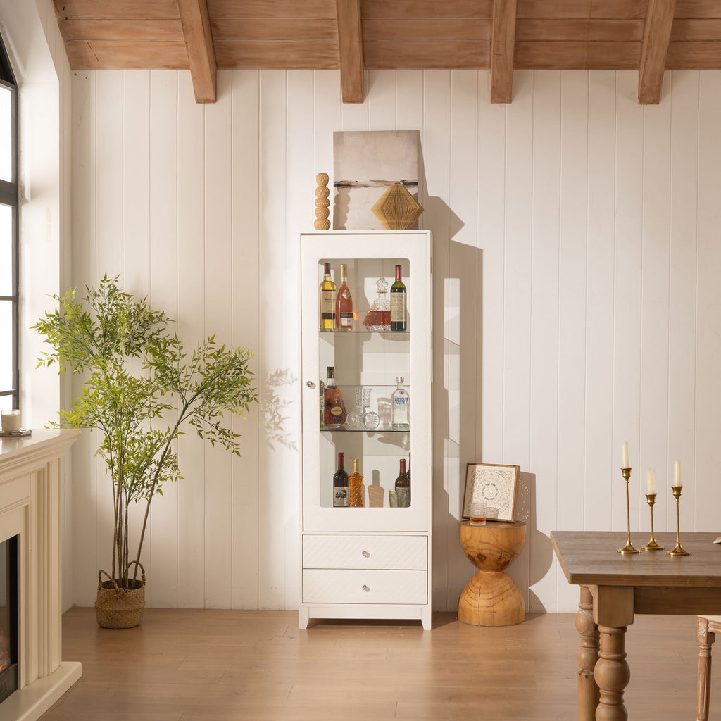 Modern Upholstered Glass Display Cabinet with Adjustable LED Light - White