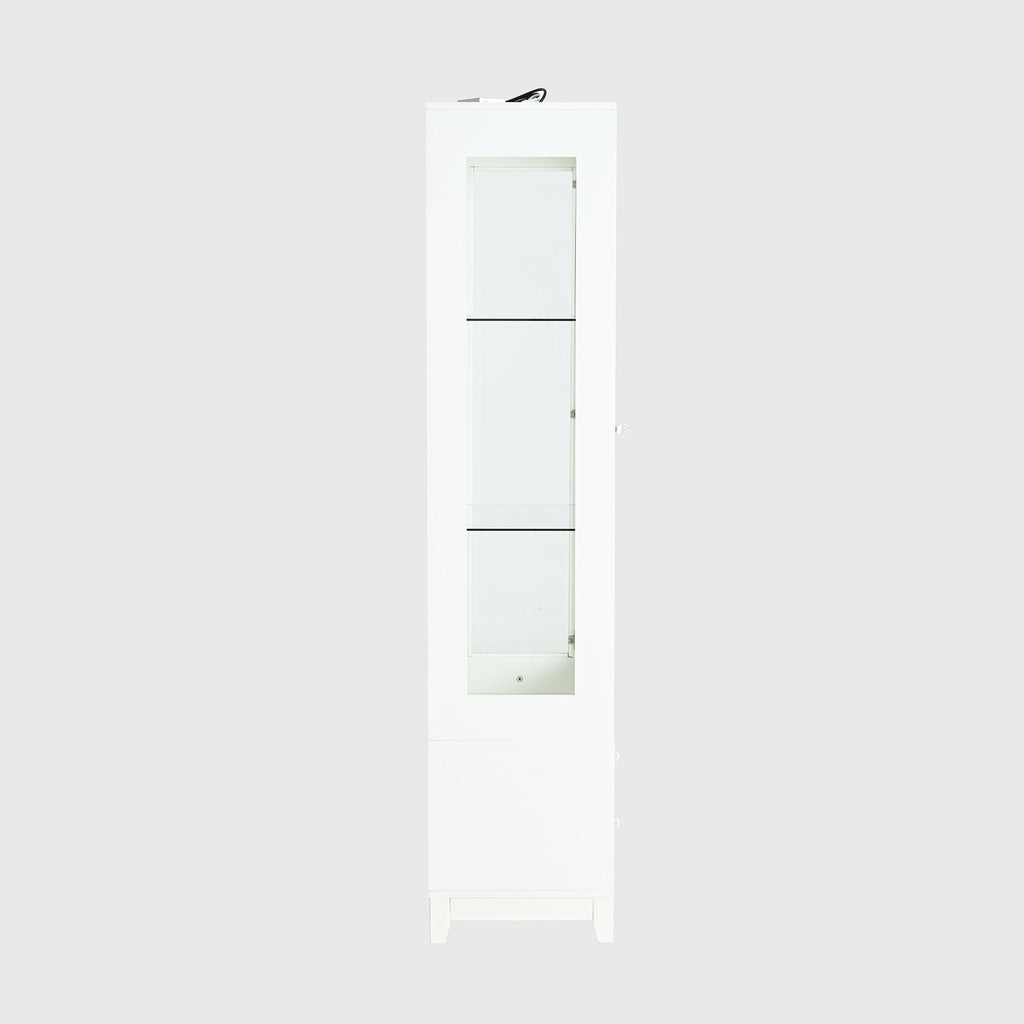 Modern Upholstered Glass Display Cabinet with Adjustable LED Light - White