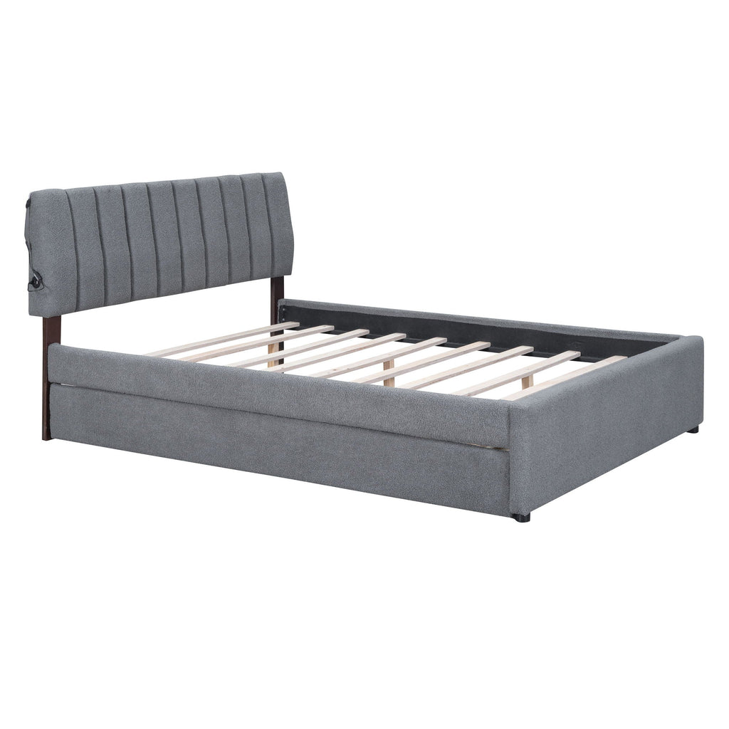 Upholstered Platform Bed With Trundle and LED Lights - Full or Queen