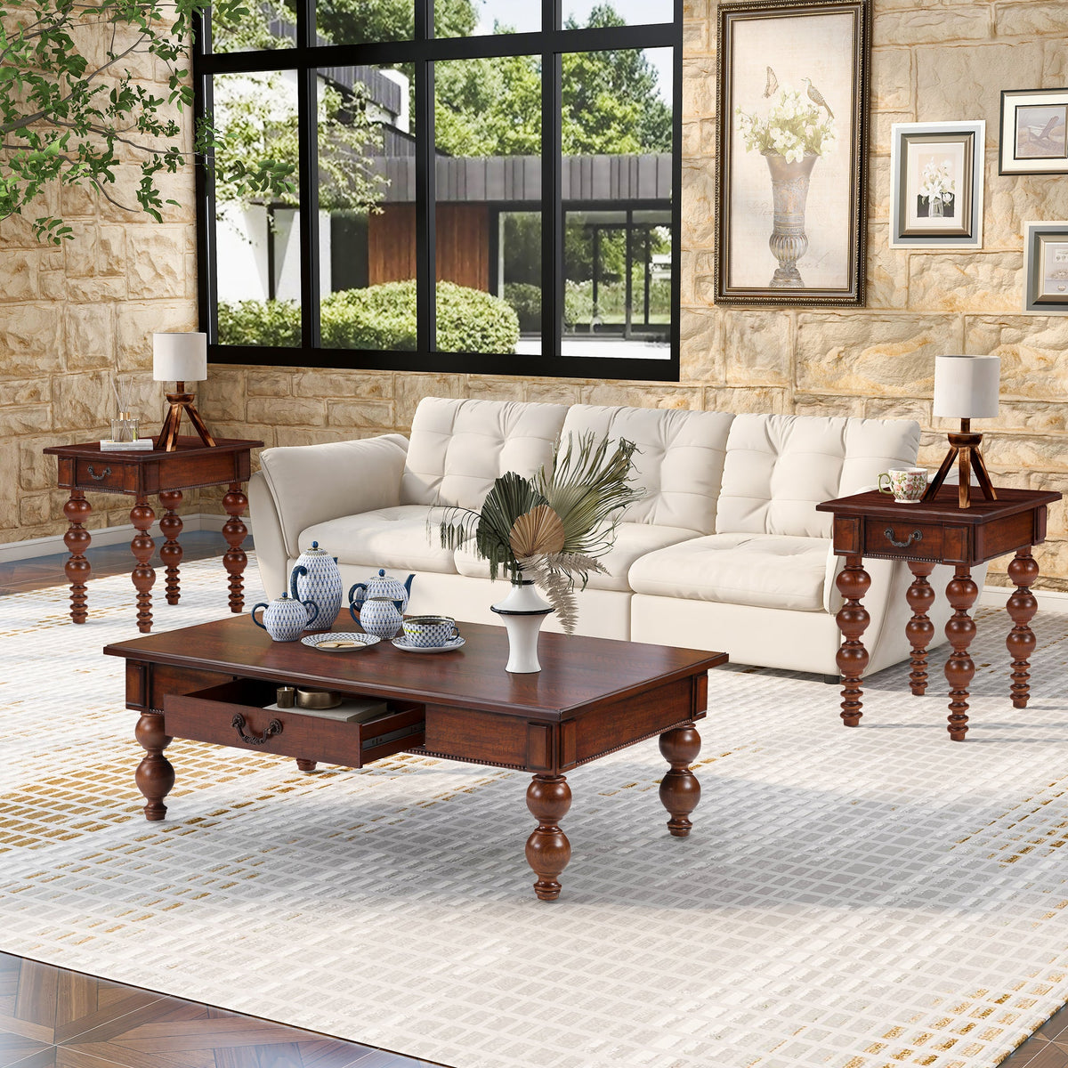 Rectangular Wooden Coffee Table with Storage Drawer - Walnut