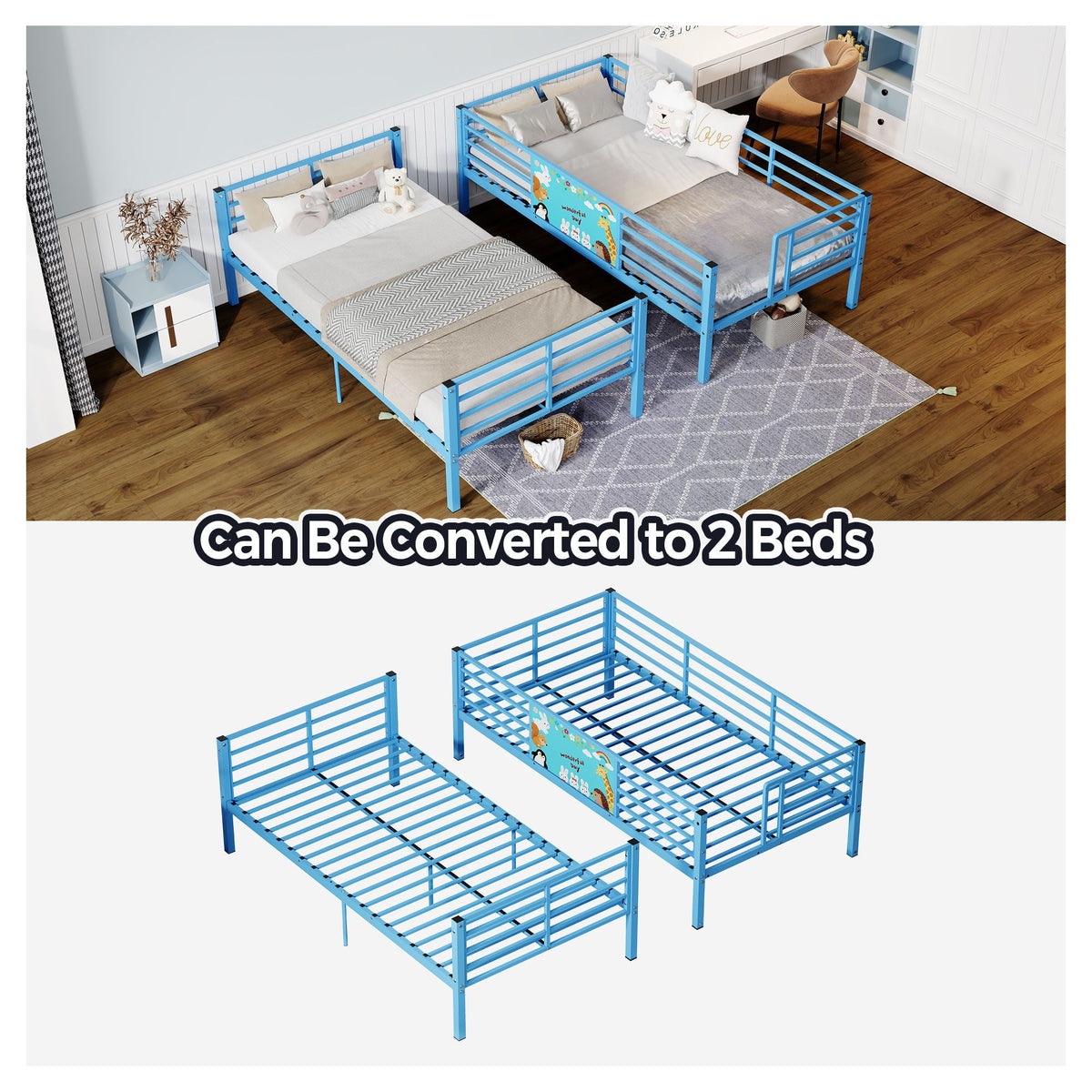 Blue Convertible Twin Bunk Bed with Full Length Guardrail & Ladder