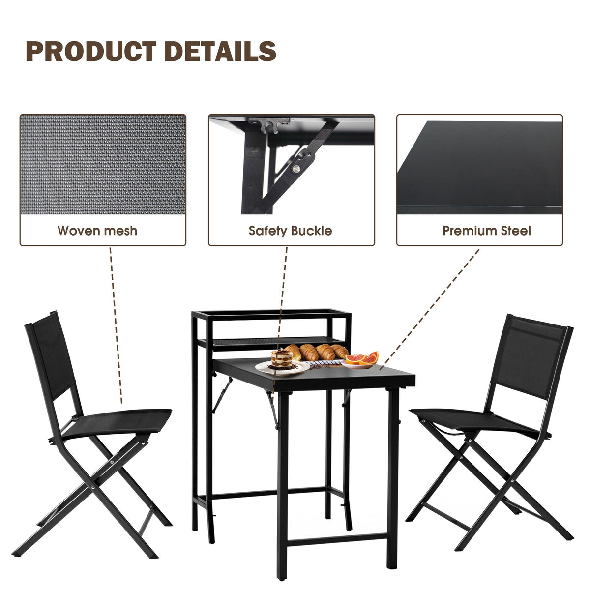 3 Piece Patio Bistro Set with Foldable Table and Chairs - Black