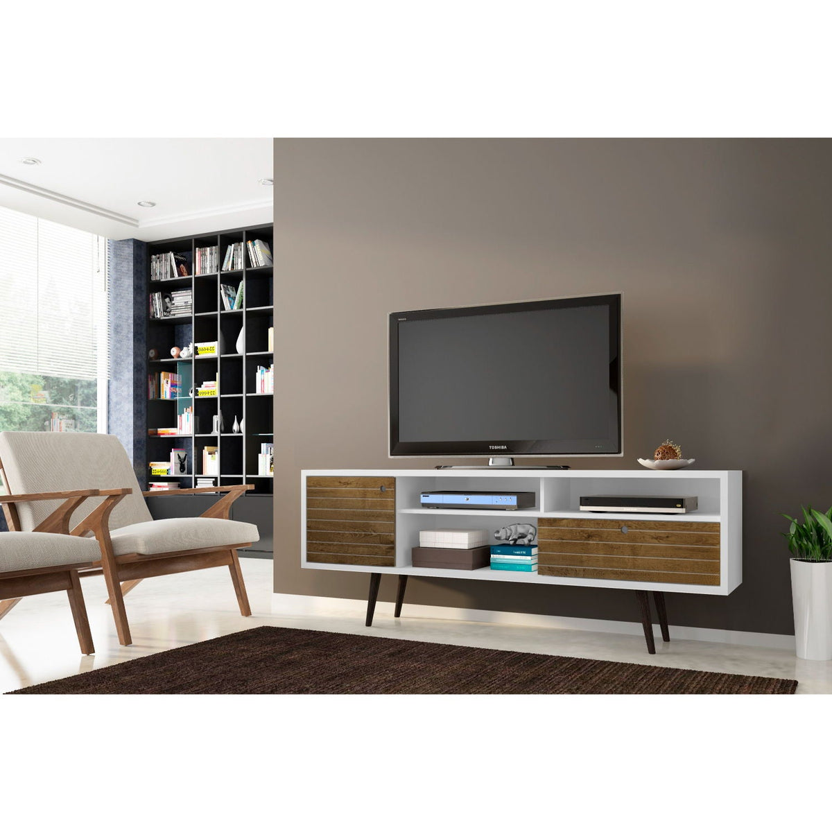 TV Stand with Wire Management and Storage - Light Brown or White