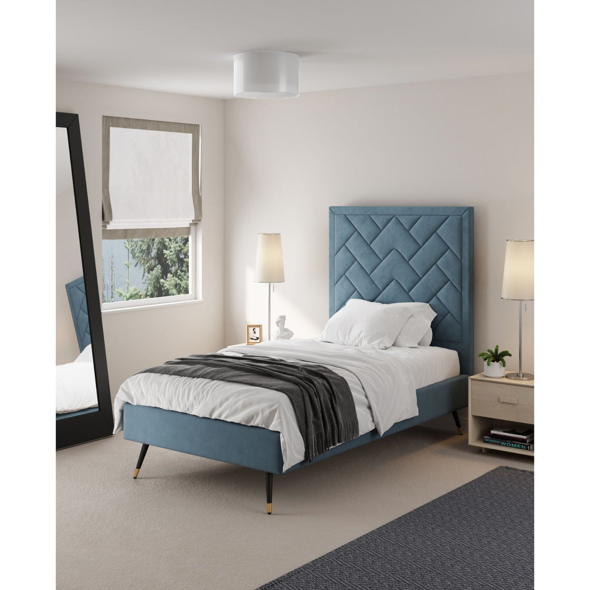 Upholstered Bed with Headboard and Slats - Multiple Colors