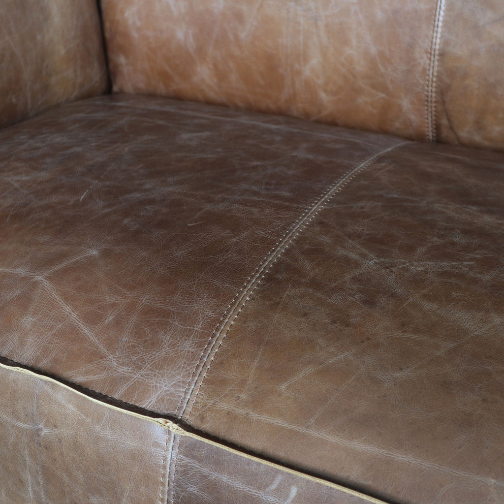 Brancaster Grain Leather Stationary Sofa with High Shelter Backrest - Brown