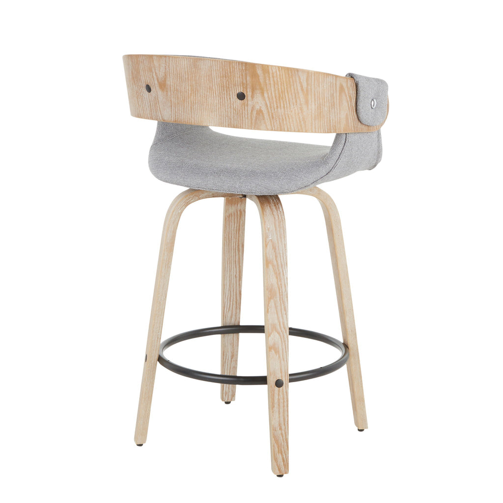 Farmhouse Counter Stool Set with Cushioned Gray Seat - White Washed