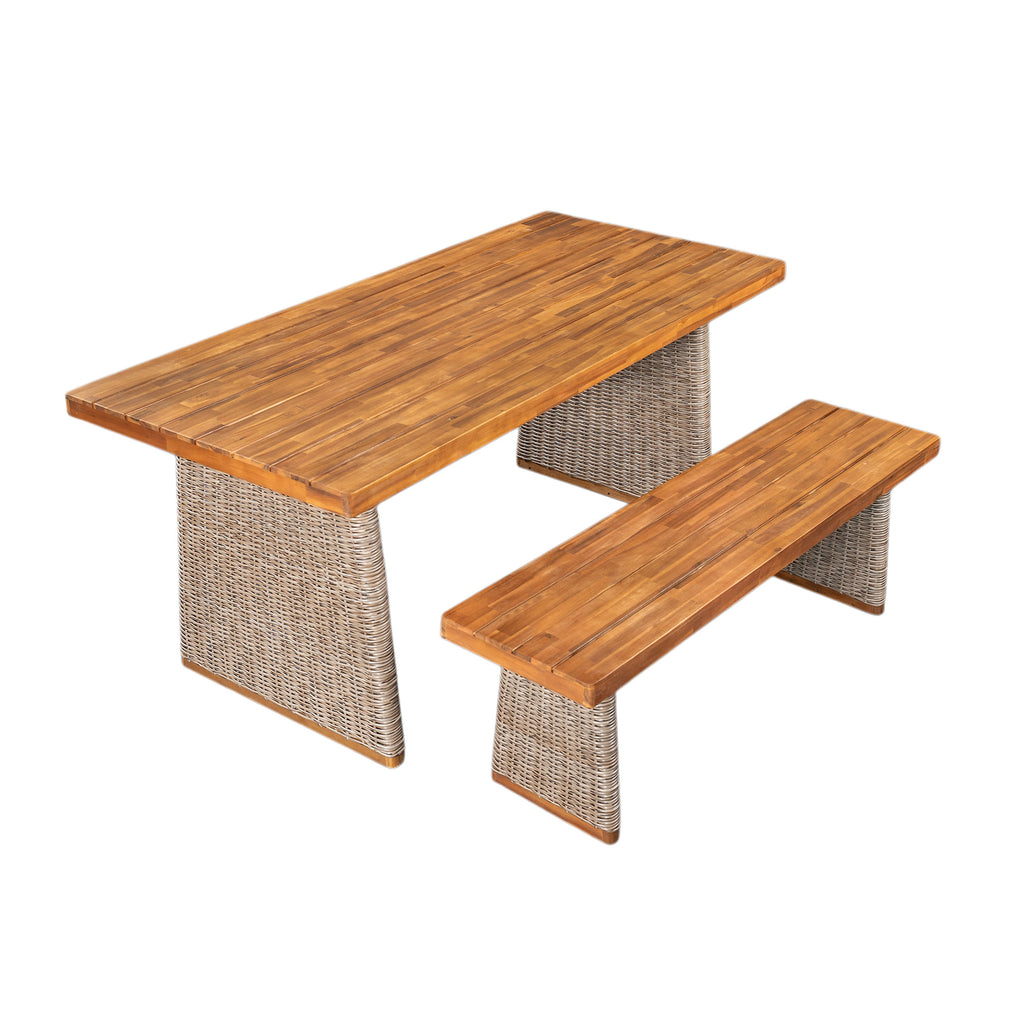 Acacia Wood Outdoor Dining Table Set with PE Wicker Bench - Brown or Grey