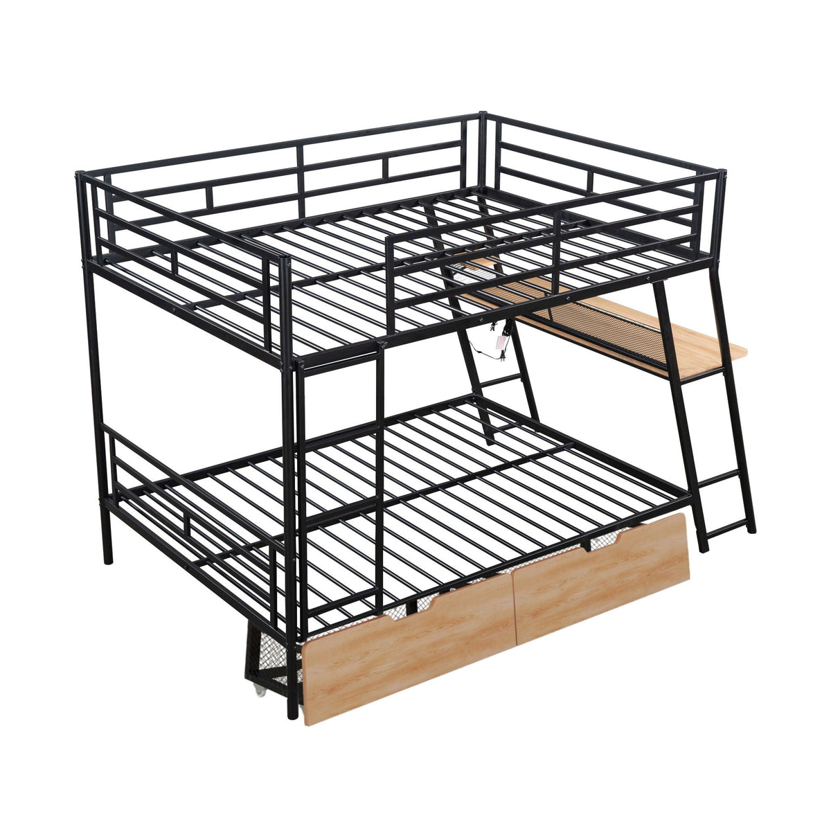 Full Size Bunk Bed with Built-In Desk, Light & 2 Drawers - Black