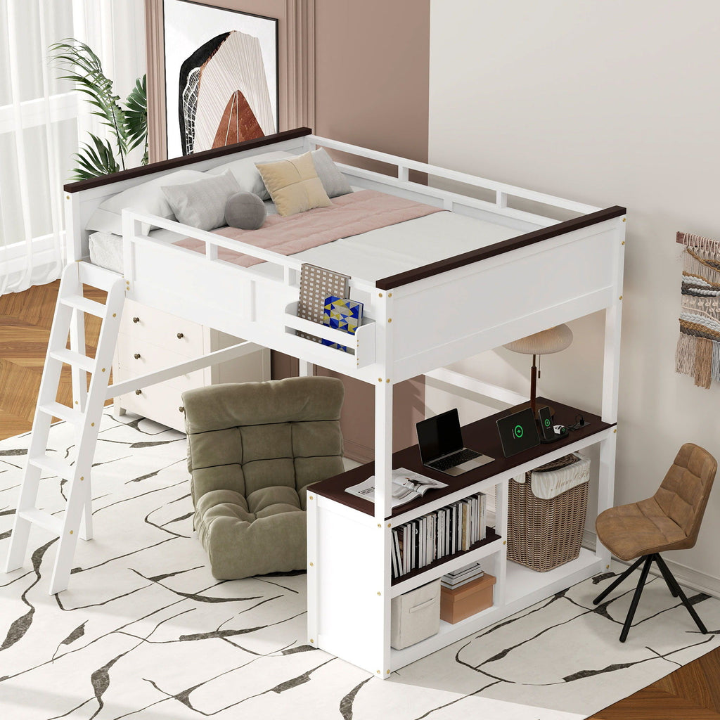 Queen Size Loft Bed with Desk, Storage, and USB Charging Station - White