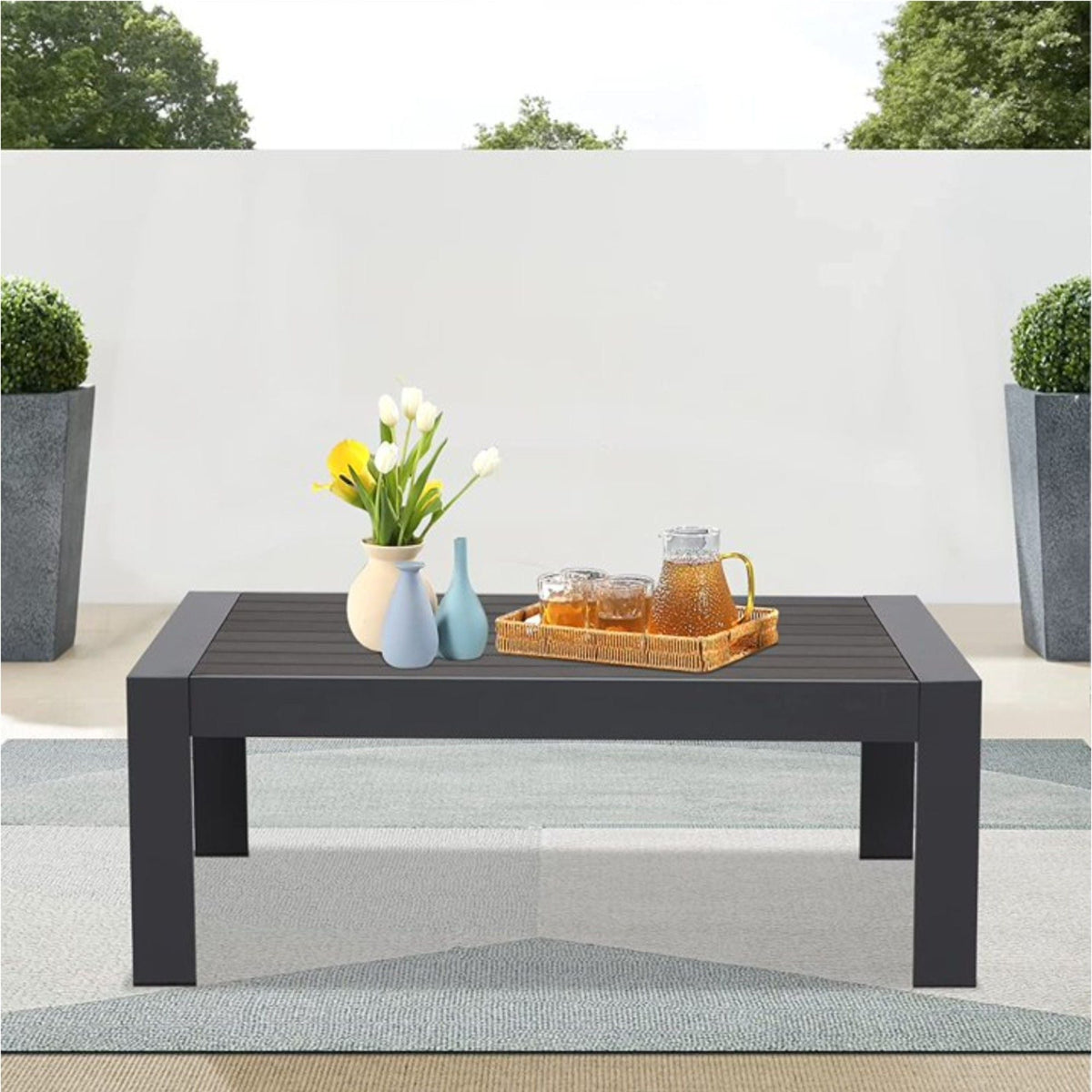 Modern Rectangle Outdoor Coffee Table with Slatted WPC Top - Dark Gray, White, Black