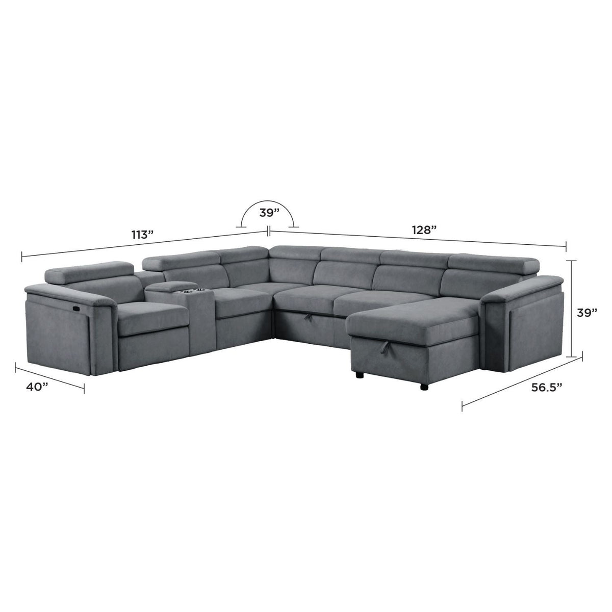 Power Recliner Sleeper Sectional with Adjustable Headrest and Storage - Dark Gray or Beige