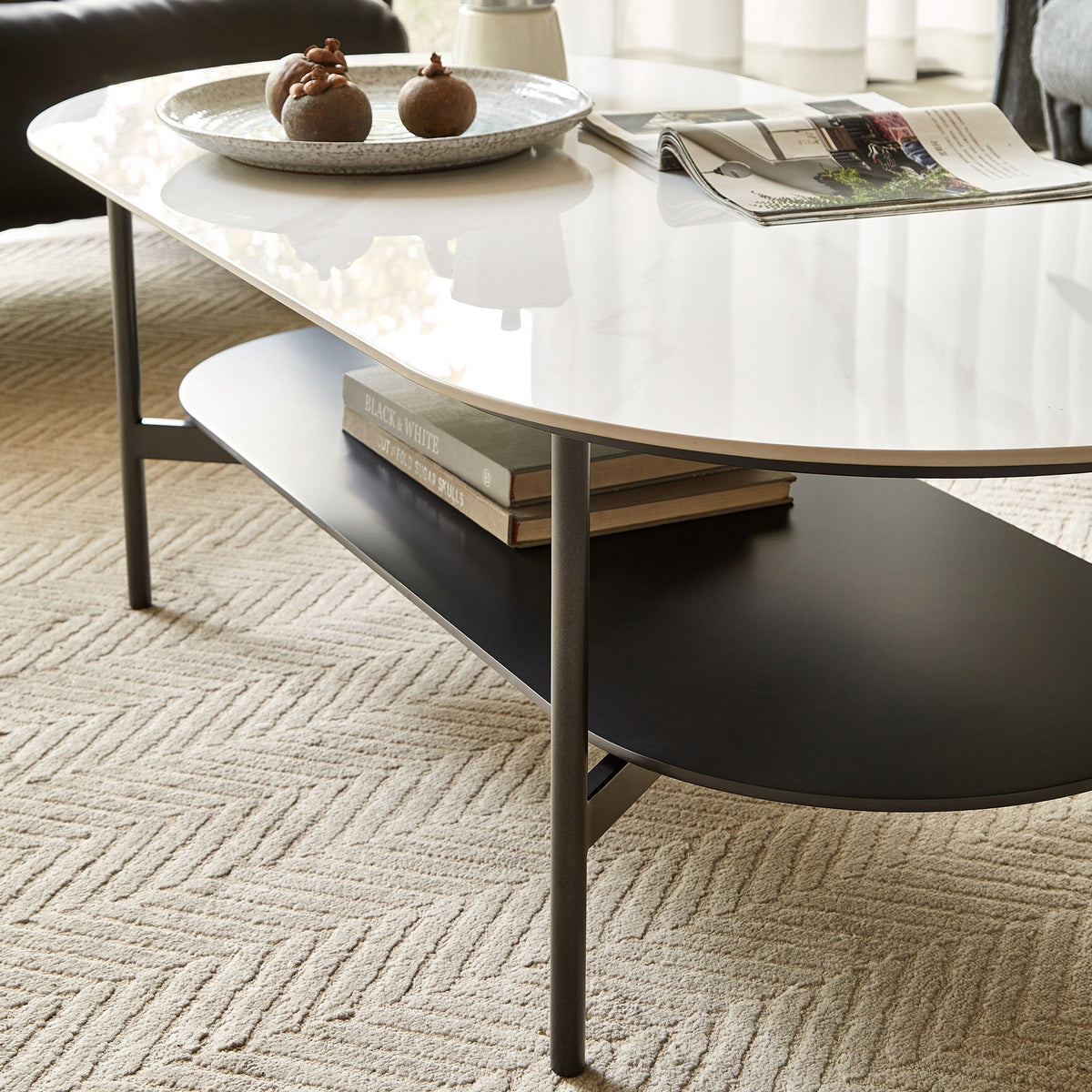 Contemporary Coffee Table with Sintered Stone Surface and Double Layer - White / Gray