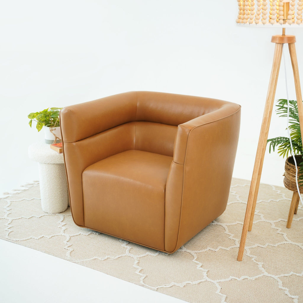 Tan Genuine Leather Swivel Chair with Adjustable Headrest