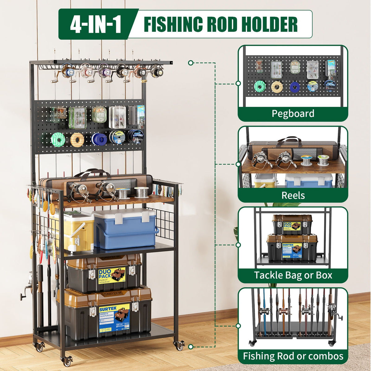 Fishing Rod Storage Rack with Pegboard - Rolling Tackle Organizer Cart - Black