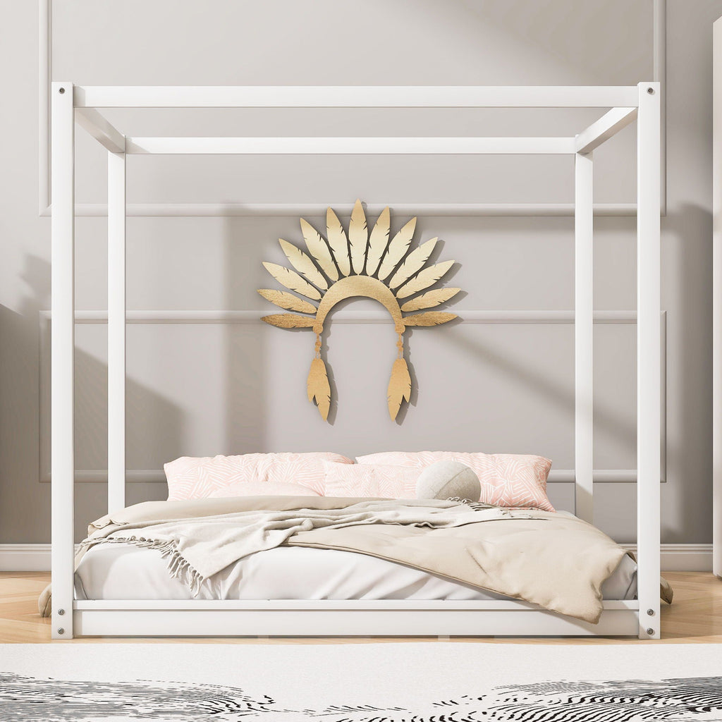 Wood Canopy Platform Bed with Airflow Slats and Support Legs - White or Light Brown