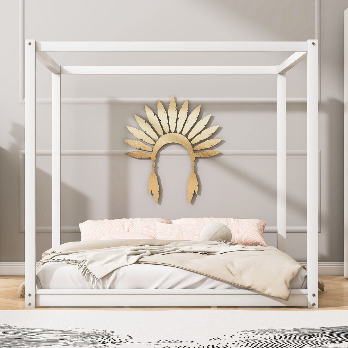 Wood Canopy Platform Bed with Airflow Slats and Support Legs - White or Light Brown