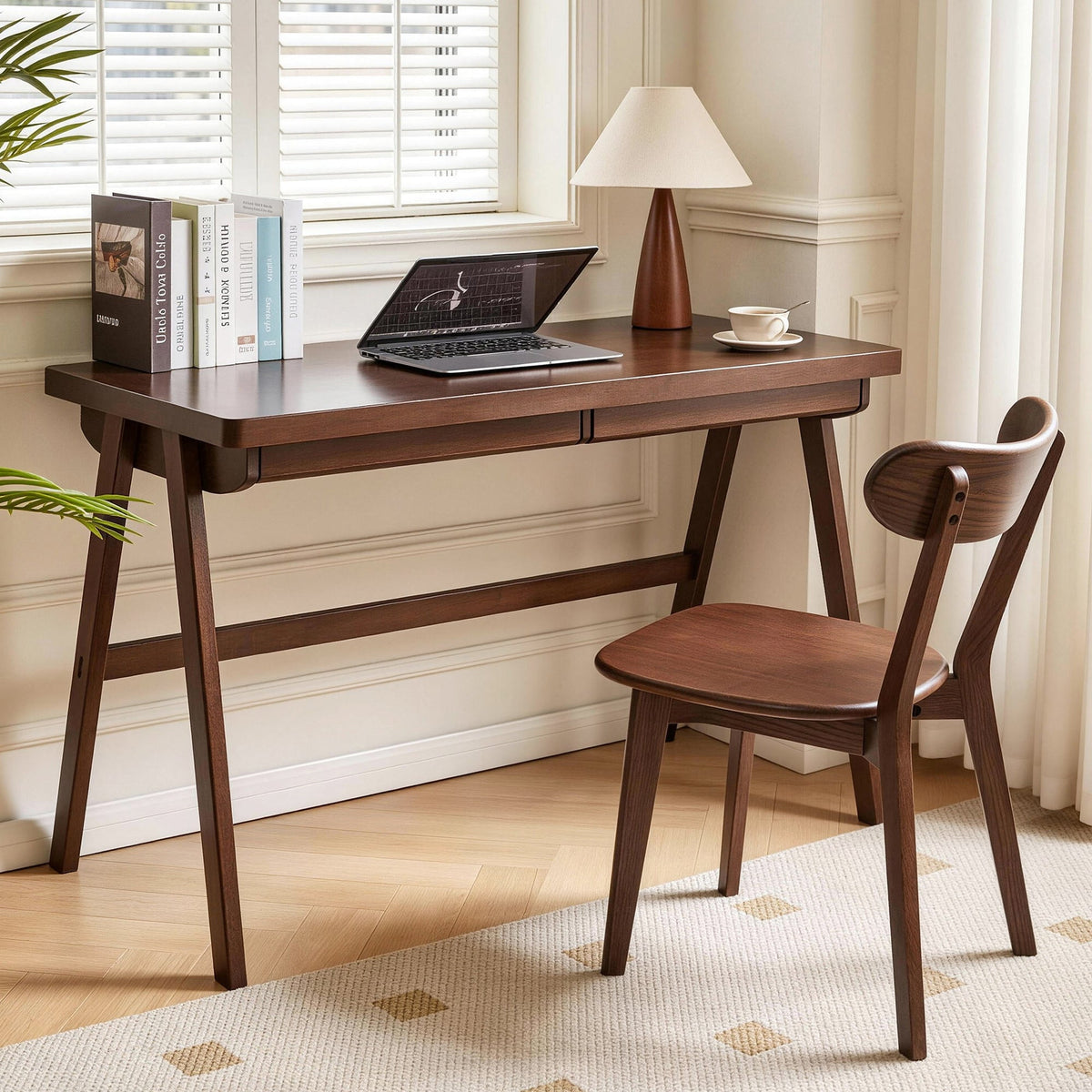 Solid Rubber Wood Computer Desk with Retro Design - Natural Wood
