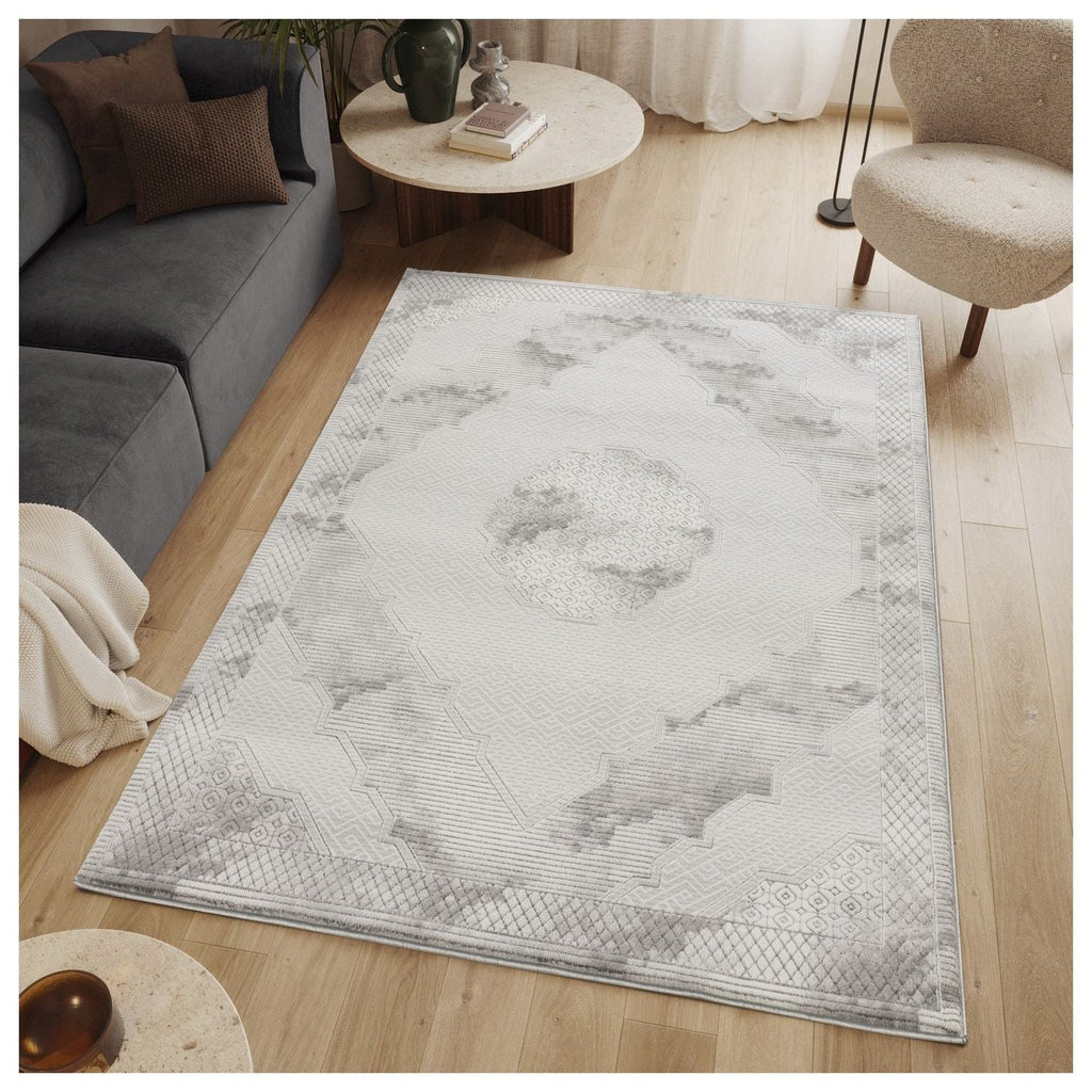 Medallion Area Rug with Geometric 3D Effect - Gray