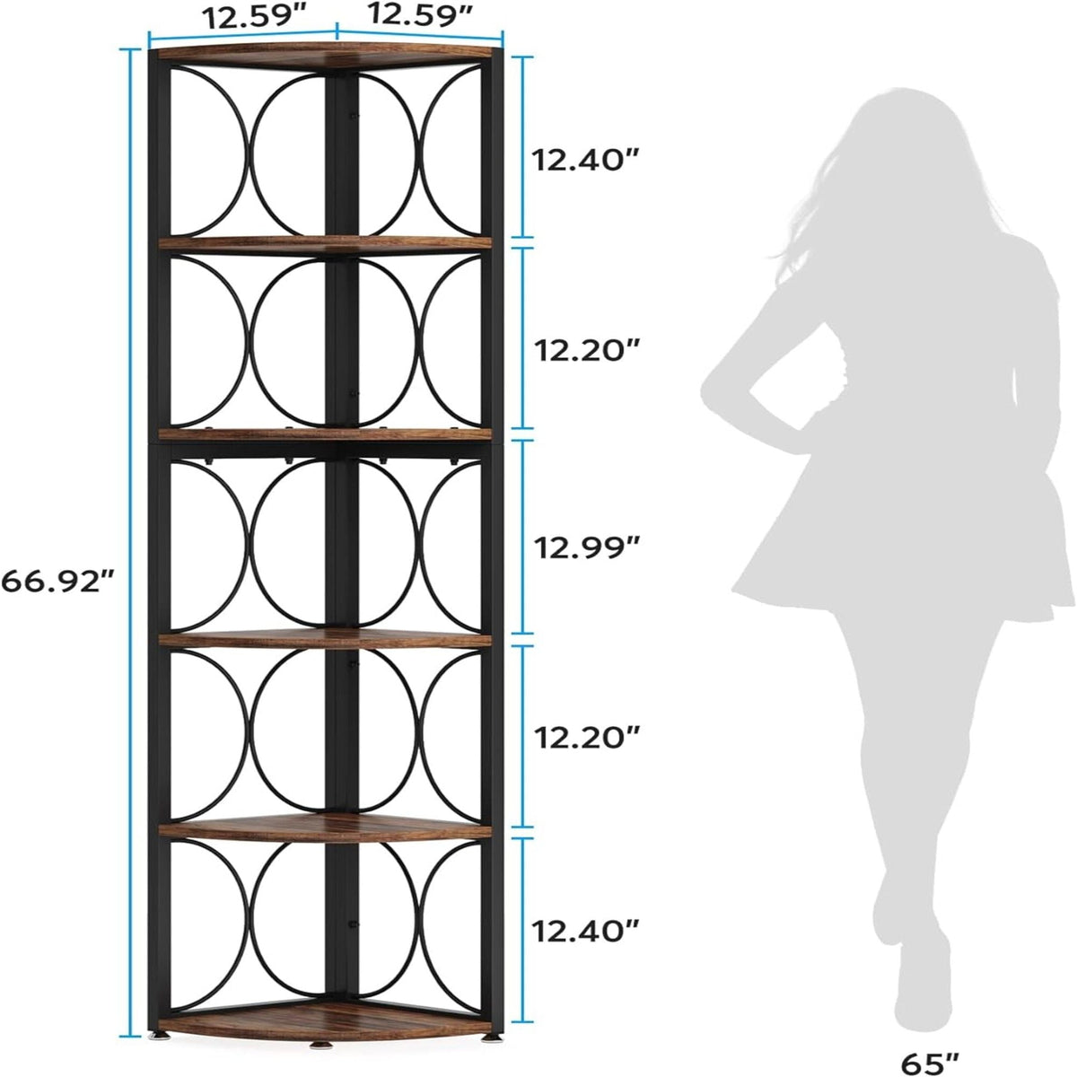Tall 6 Tier Corner Bookshelf with Durable MDF & Metal Frame - Rustic Brown
