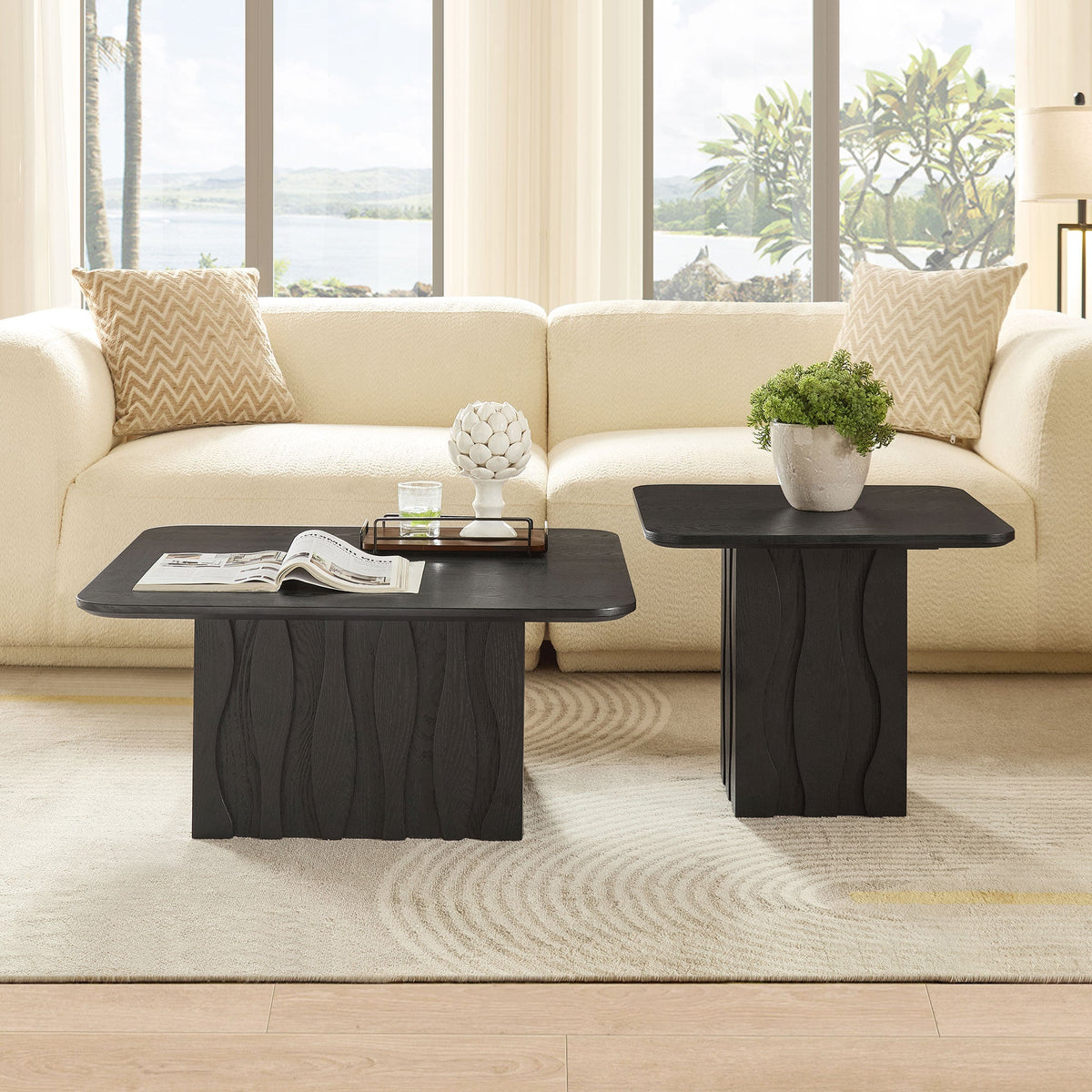 Nesting Square Coffee Table Set with Wavy Fluted Base - Wood Veneer