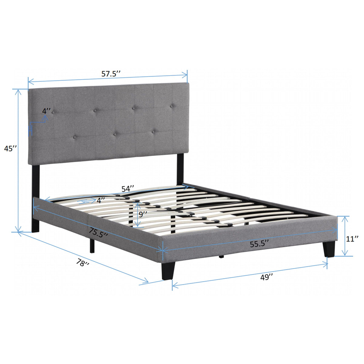 Full Size Upholstered Platform Bed Frame with Button Tufted Linen Headboard - Gray