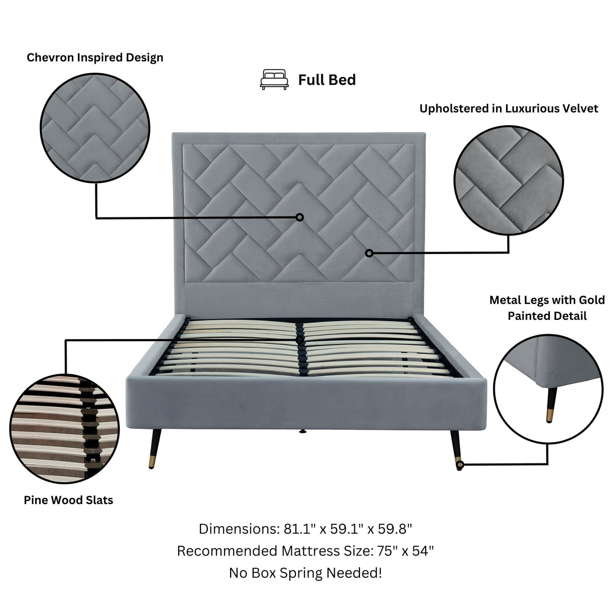 Upholstered Bed with Headboard and Slats - Multiple Colors