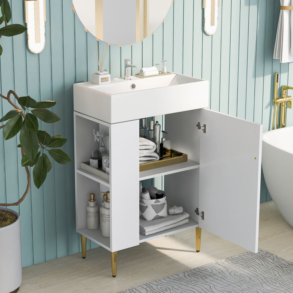 Bathroom Vanity with Single Ceramic Sink and Side Storage - Multiple Colors
