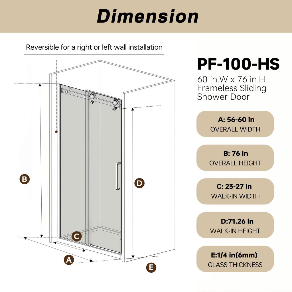 Frameless Single Sliding Shower Door with Square Tube Track - Black