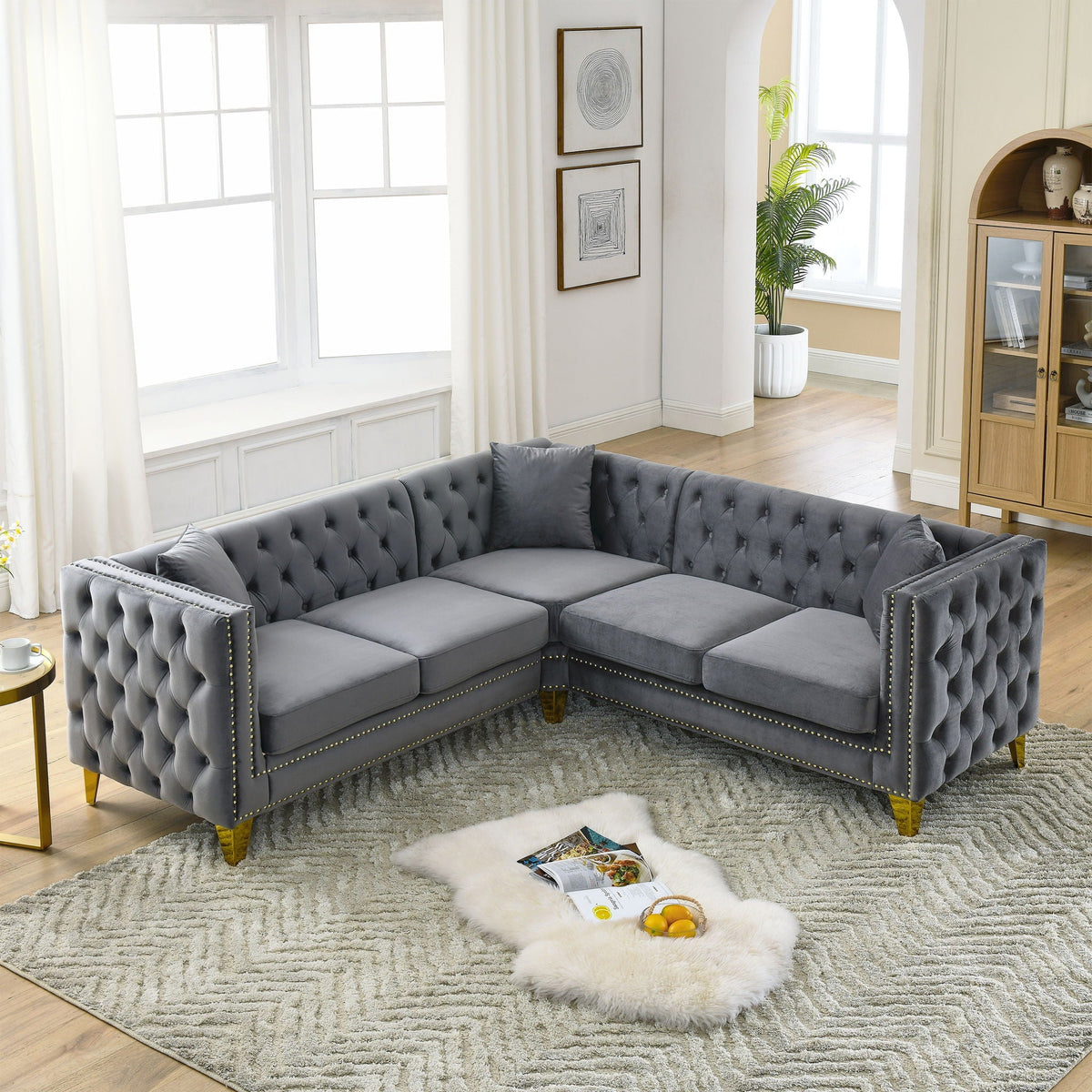L-Shaped Corner Sofa, 5 Seater Sectional with Tufted Design – Beige or Dark Gray