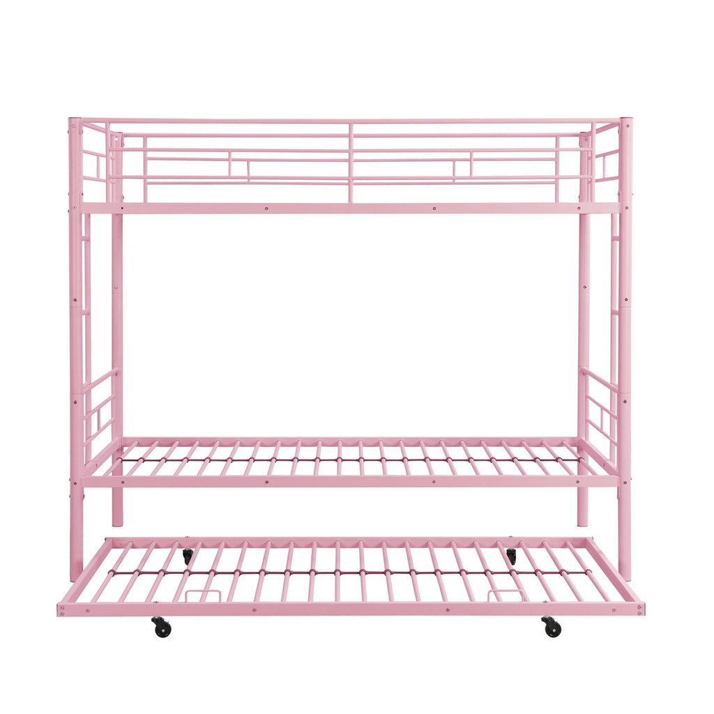 Twin Over Twin Bunk Bed with Trundle - Sturdy Metal Frame - Pearl Silver, White, or Pink