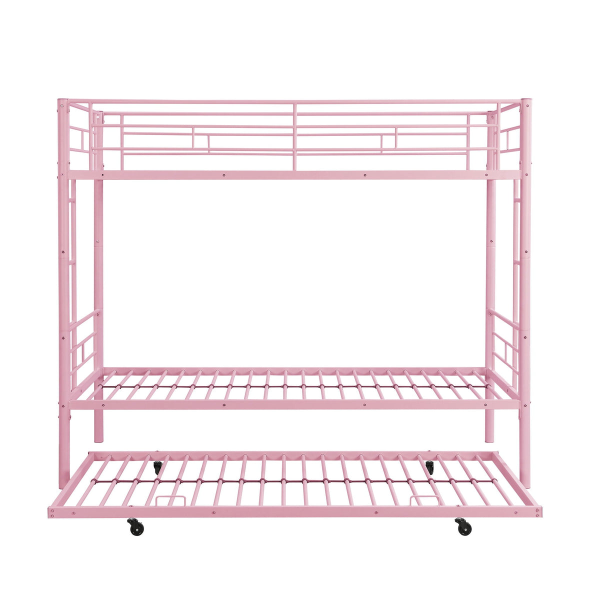Twin Over Twin Bunk Bed with Trundle - Sturdy Metal Frame - Pearl Silver, White, or Pink