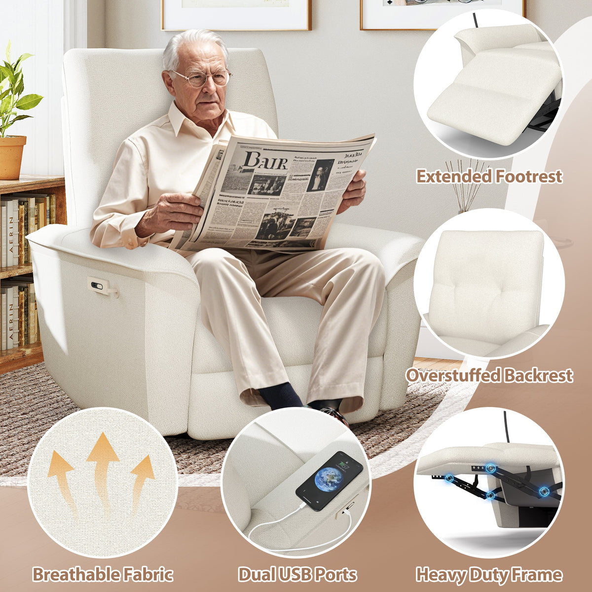 270° Power Swivel Rocker Recliner Chair with USB Ports - Snowflake