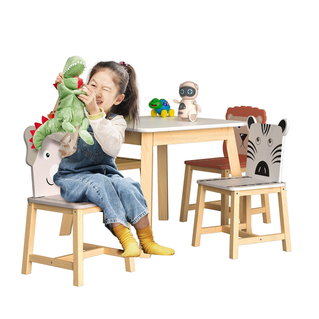 Kids Table and Chair Set with Cartoon Animals Design - White