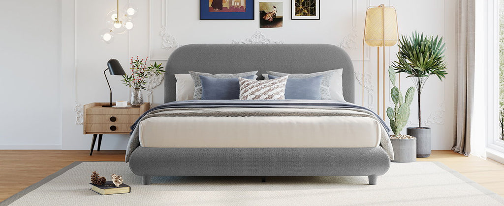 Upholstered Platform Bed with Curve-Shaped Frame - Teddy Fleece - Beige or Dark Gray