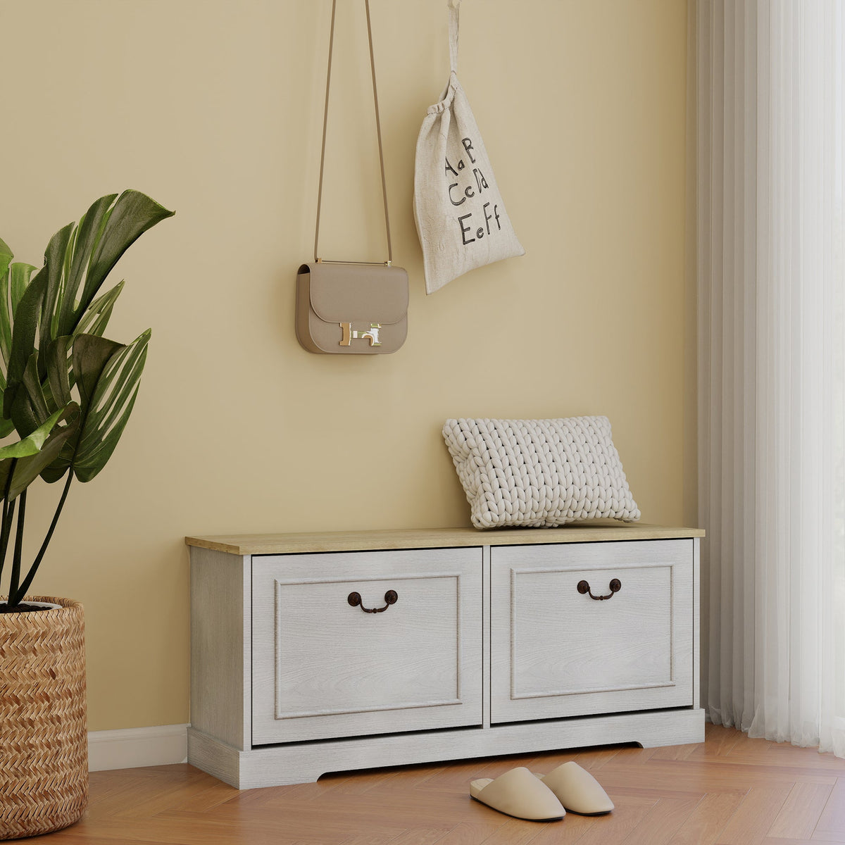 Shoe Storage Bench with Adjustable Shelf - Antique Finish