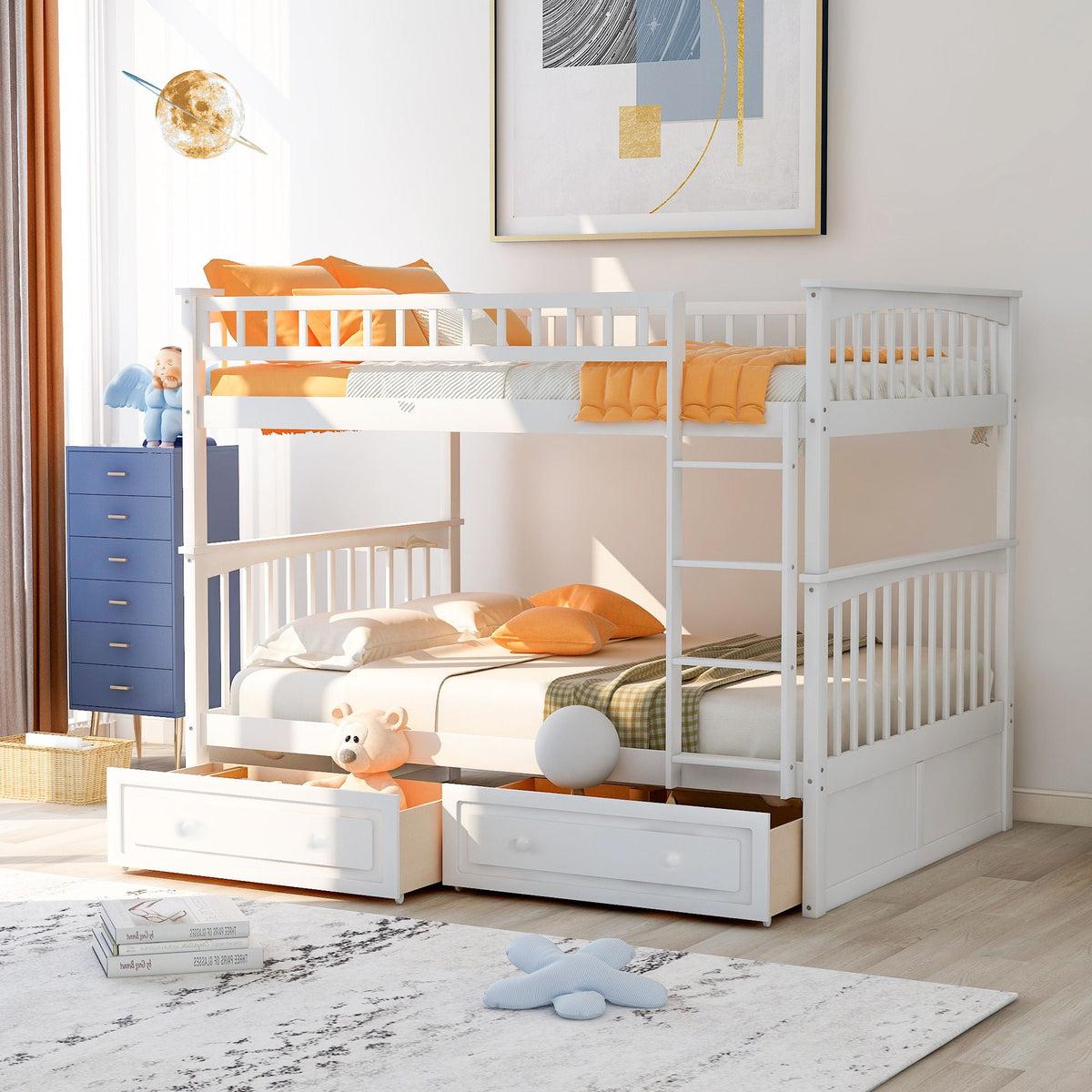 Convertible Bunk Bed With Drawers - Solid Wood with Storage - White, Dark Brown or Dark Gray