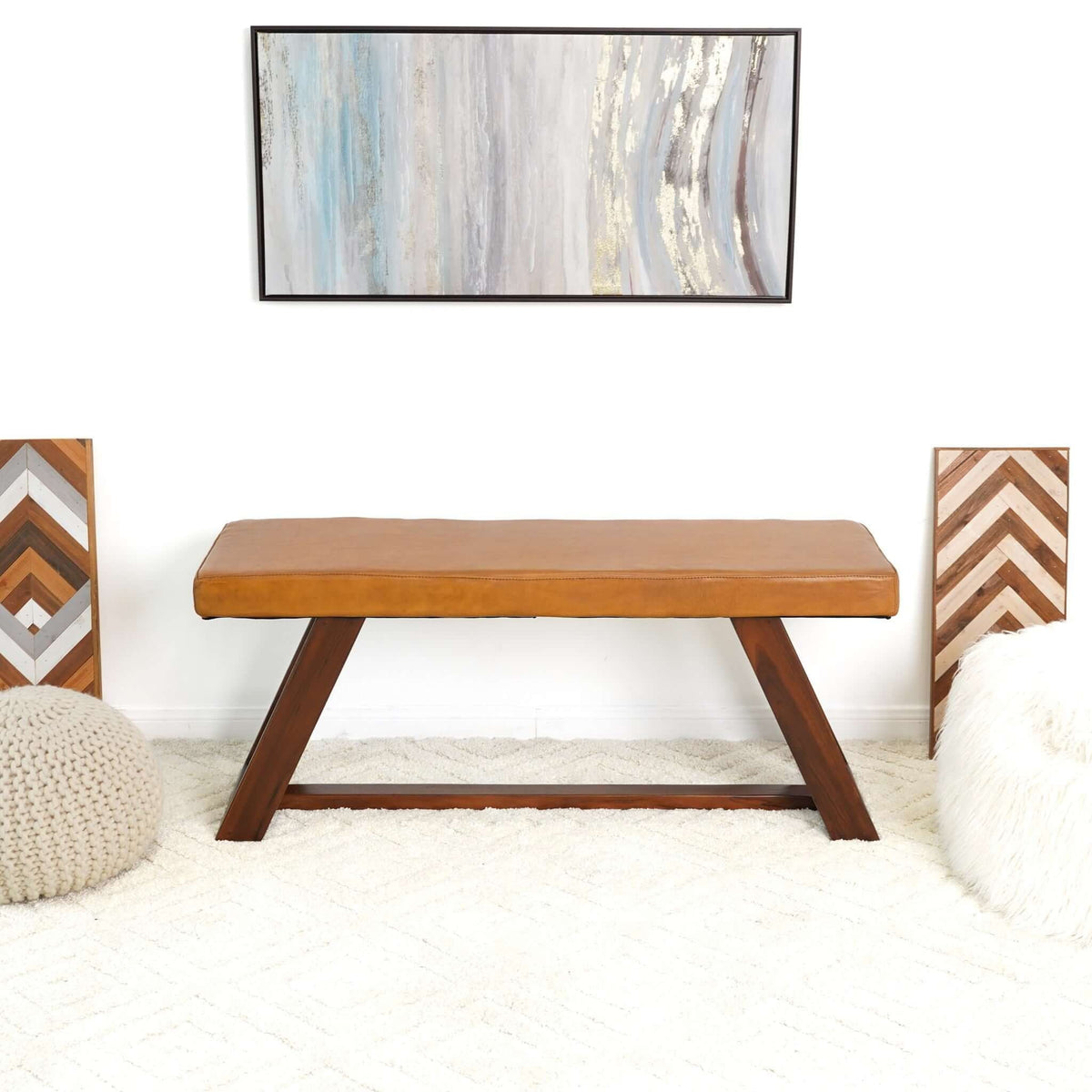 Light Brown Upholstered Bench with Hand Stitching - Genuine Material