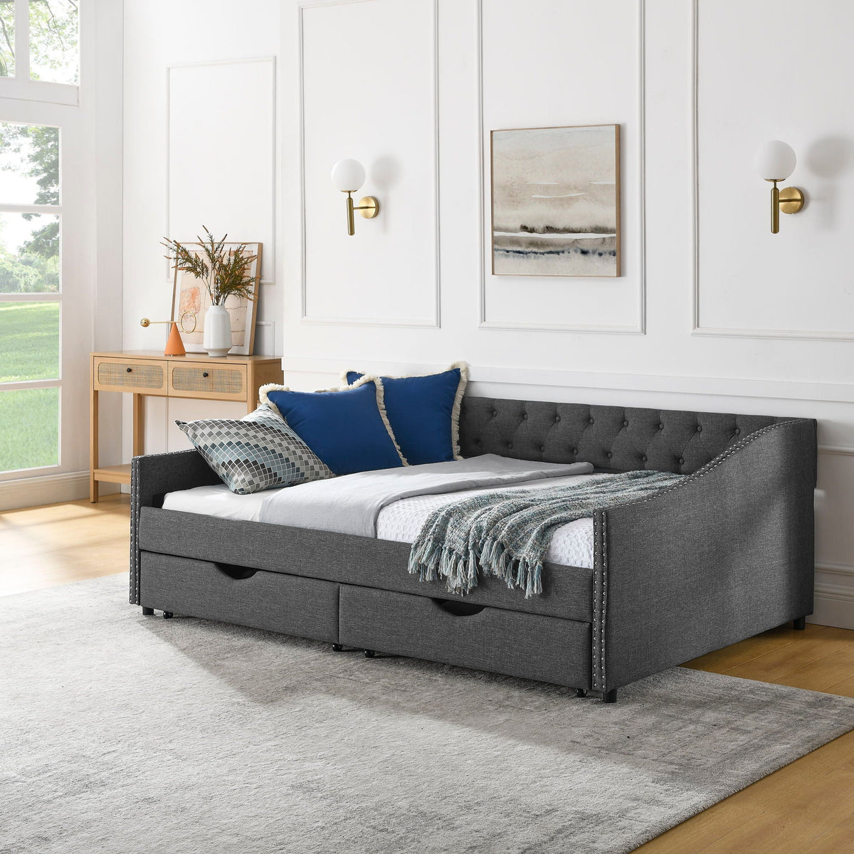 Upholstered Tufted Daybed with 2 Drawers and Waved Arms - Multiple Colors