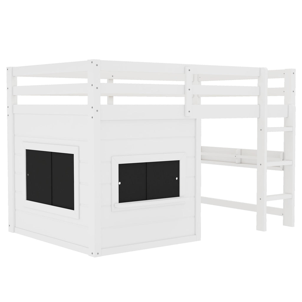 Twin Size Loft Bed with Sliding Chalkboard & Bookshelf - White