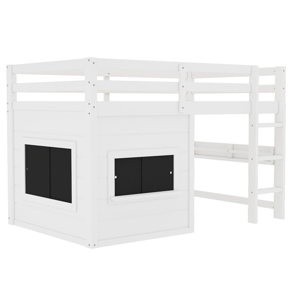 Twin Size Loft Bed with Sliding Chalkboard & Bookshelf - White