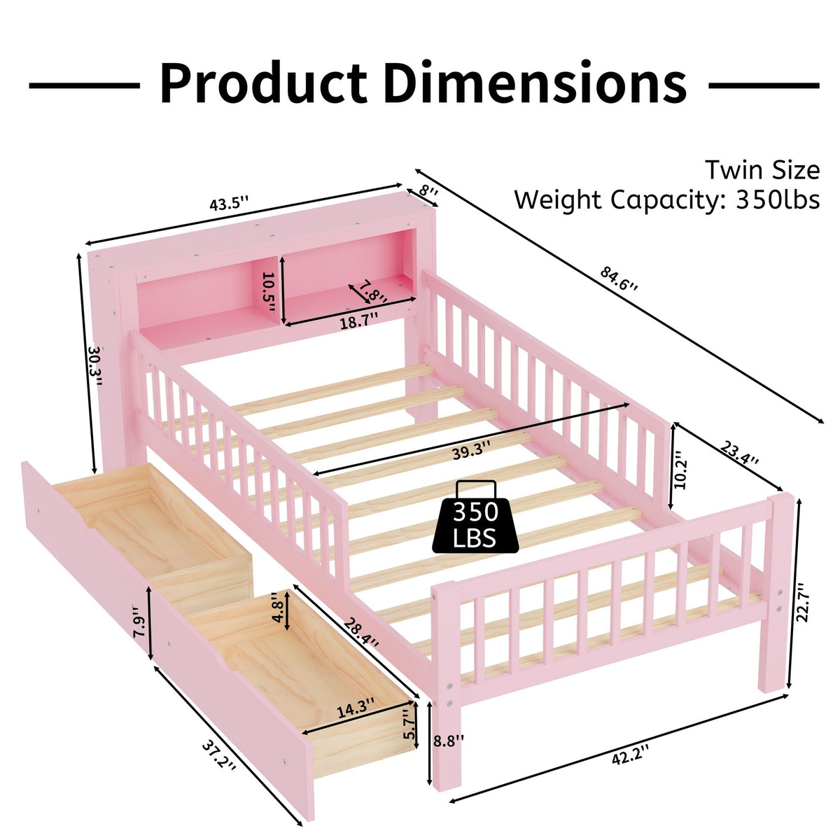 Twin Storage Bed with Headboard Rack & Under-Bed Drawers - Multiple Colors