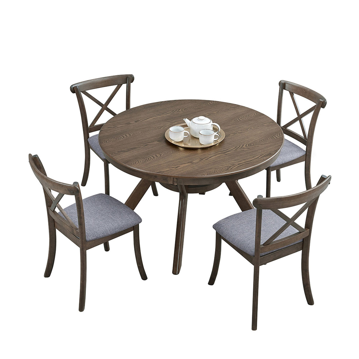 Round Rubber Wood Dining Table with Modern Pedestal Base - Natural Finish