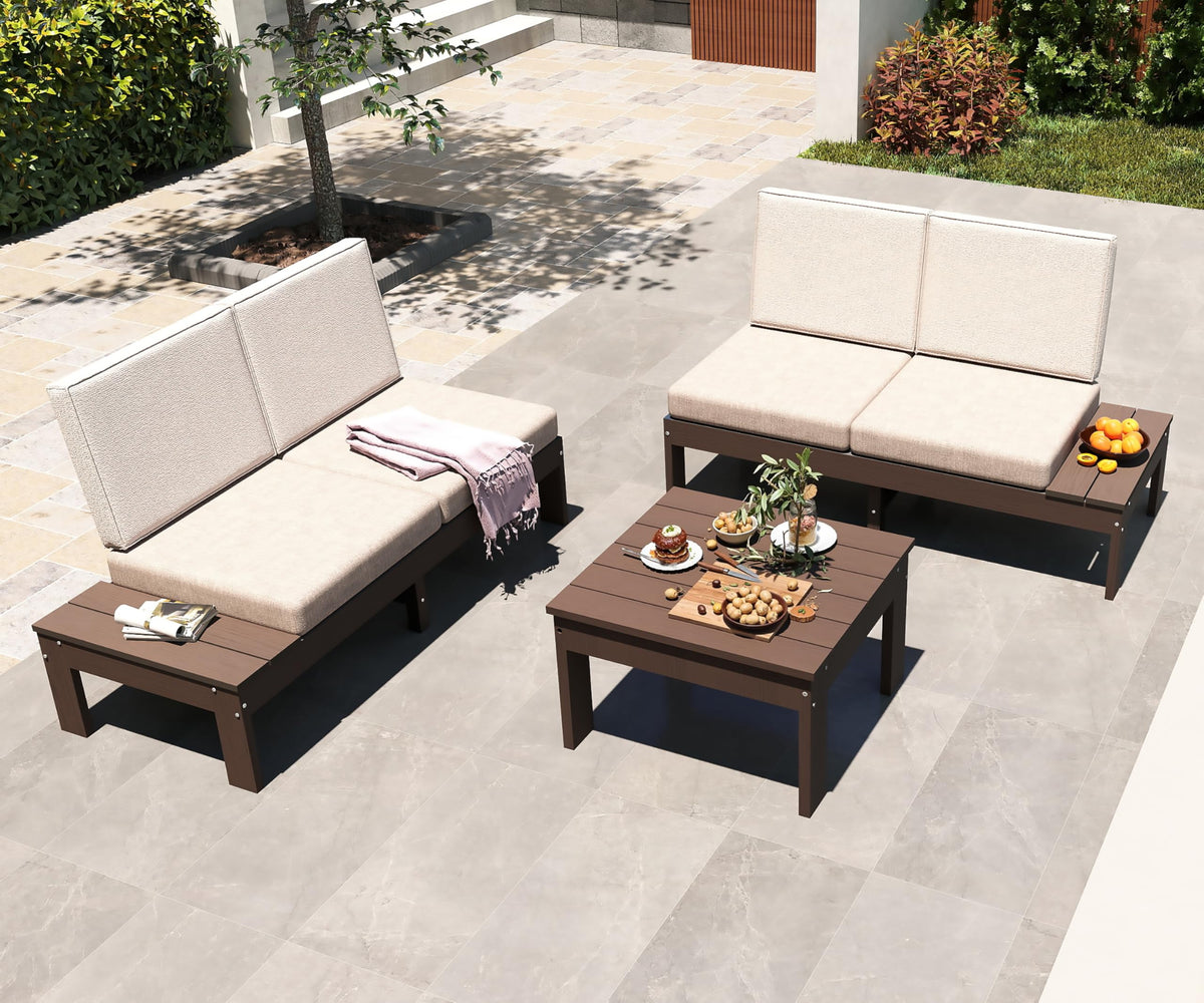 HDPE Outdoor Patio Sofa Set with Cushioned Sectional Seating - Modern 3-Piece