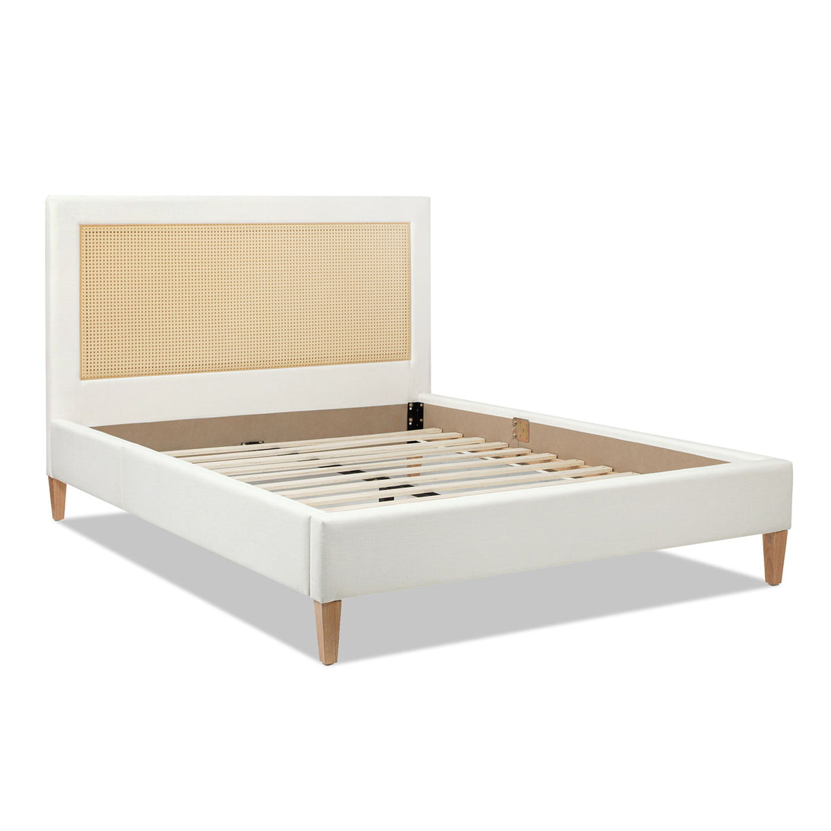 Upholstered Cane Back Platform Bed with Resin Wicker - White