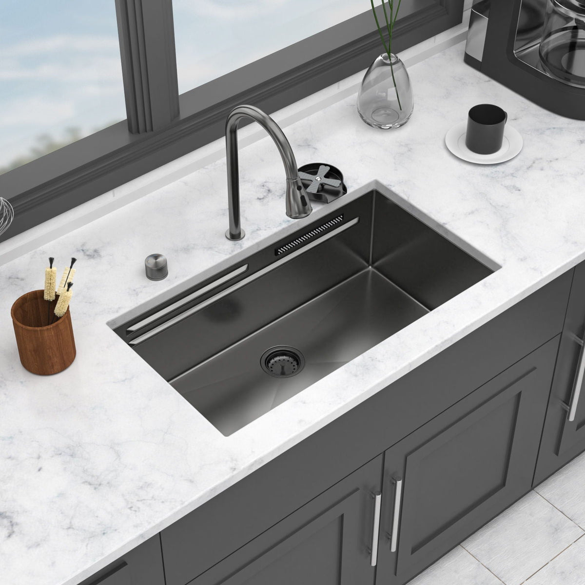 Undermount Stainless Steel Kitchen Sink with Pull Down Faucet & Ledge Workstation - Gray or Black