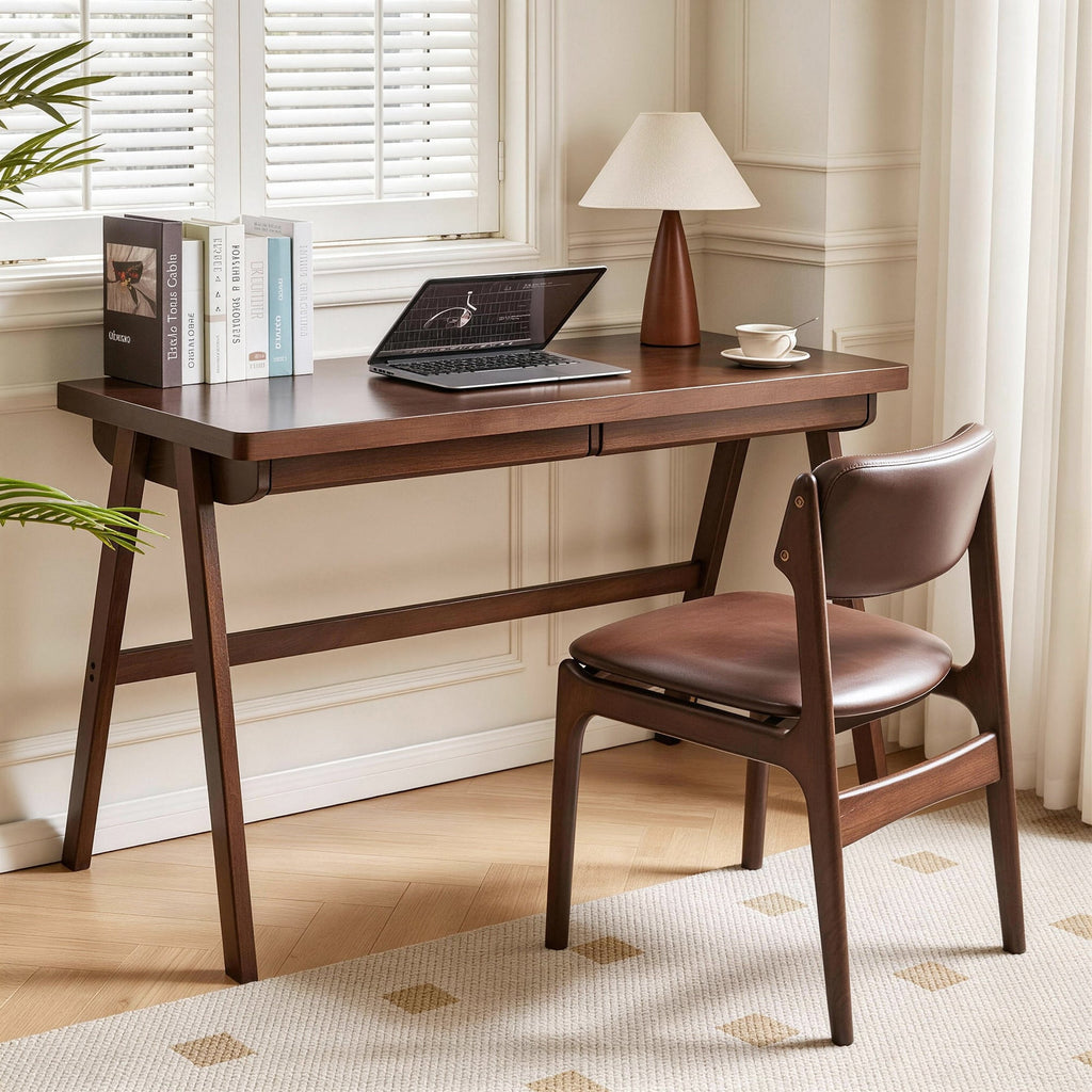 Solid Rubber Wood Computer Desk with Retro Design - Natural Wood