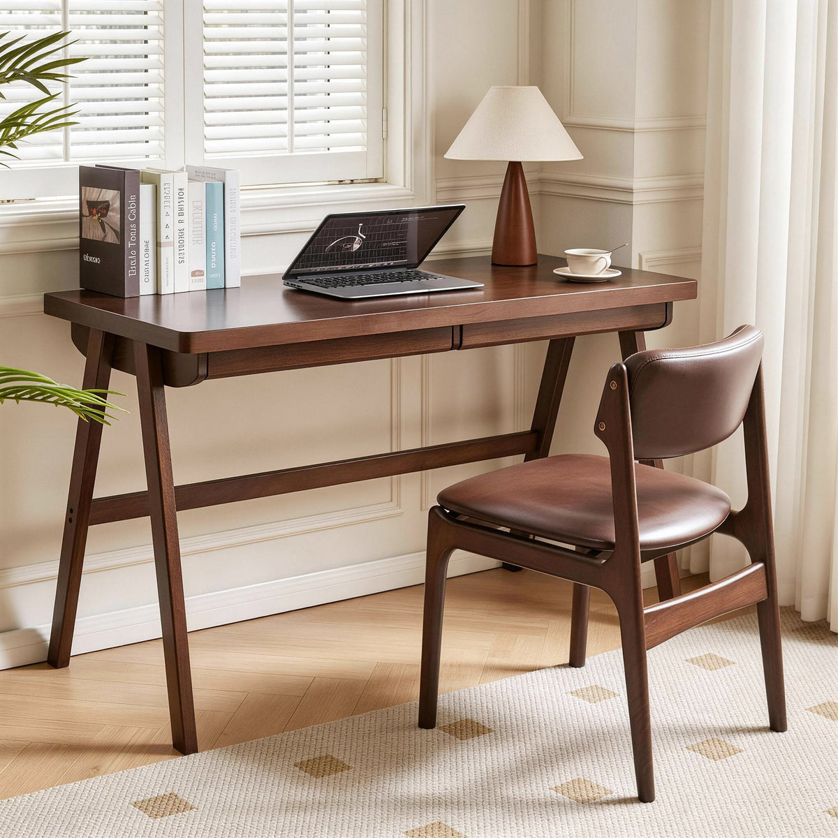 Solid Rubber Wood Computer Desk with Retro Design - Natural Wood