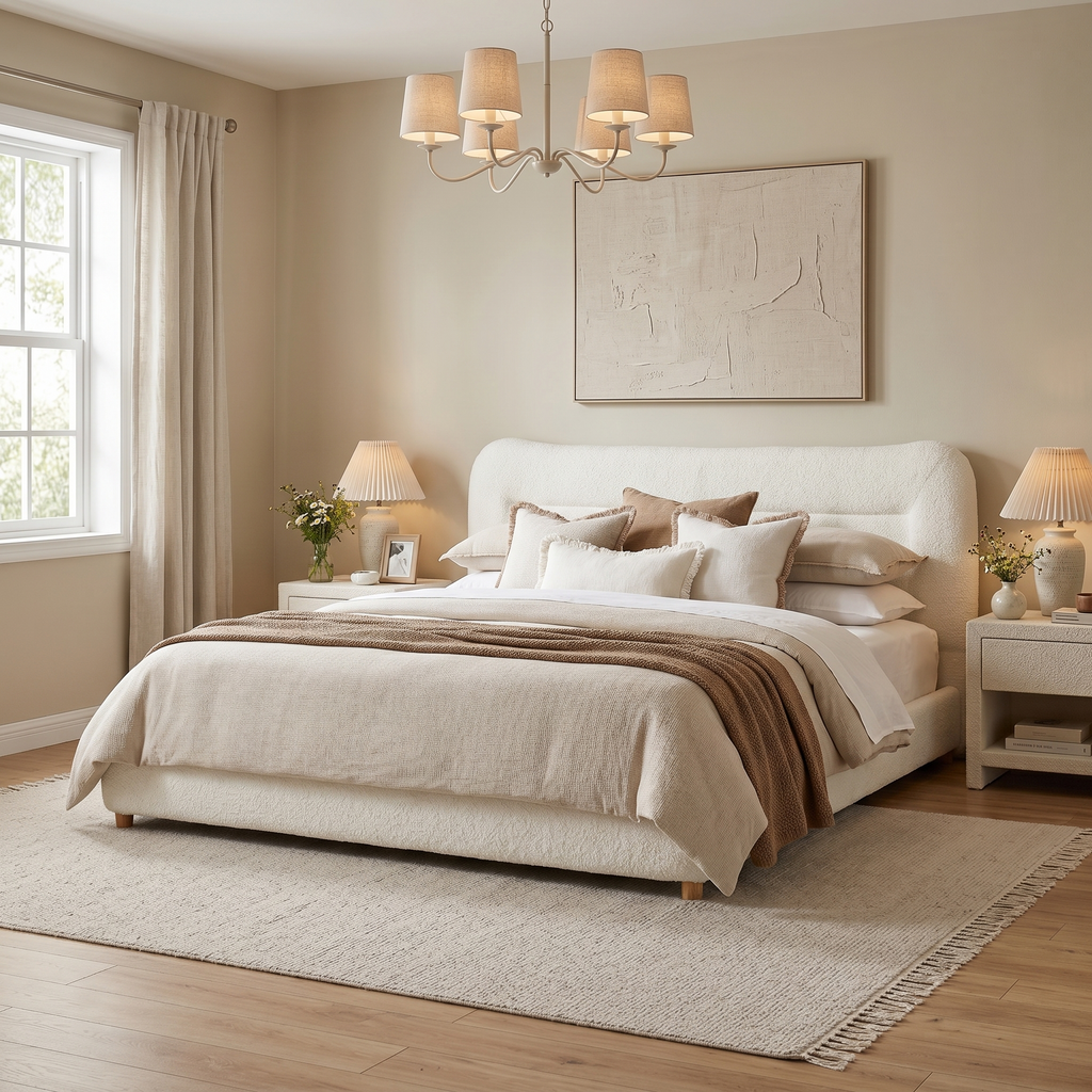 Minimalist Curved Headboard Plush Bed with High-Density Foam - Ivory